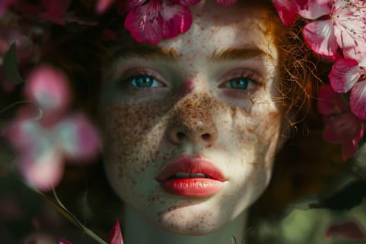 A striking woman with a sprinkling of freckles across her face, exuding a natural and captivating charm.