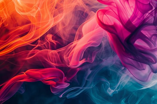 A vibrant group of colorful smokes dancing gracefully on a dark black background.