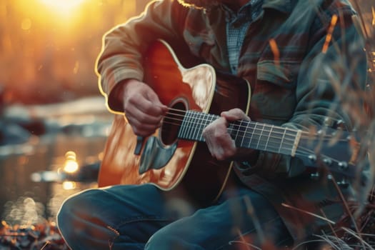 A man strums a guitar in a lush field, surrounded by vibrant flora as his music fills the air with a sense of peace and tranquility.