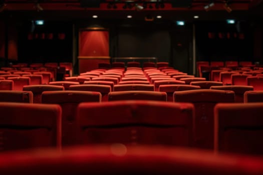 An empty theater with red seats and a projector screen, awaiting an audience for a captivating presentation.
