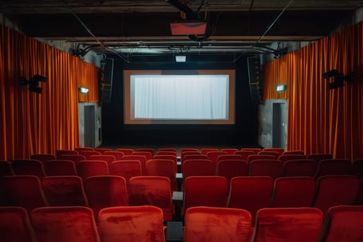 An empty theater featuring bold red seats and a vast screen, ready for an immersive movie-watching experience.
