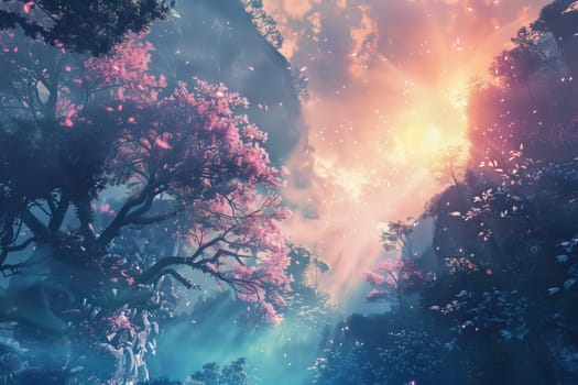 A lush forest teeming with countless trees beneath a dark and atmospheric cloudy sky.