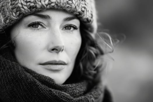 A woman exudes timeless sophistication in a striking black and white portrait, adorned with a stylish hat and scarf.