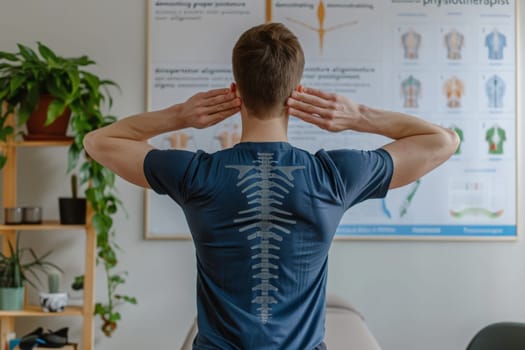 A man in a blue shirt showing signs of distress as he clasps his head with his hands in a posture demonstration by a physiotherapist.