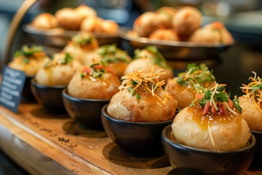 A close up of a tray filled with pani puri, each meticulously lined up and ready to be savored with tamarind water.
