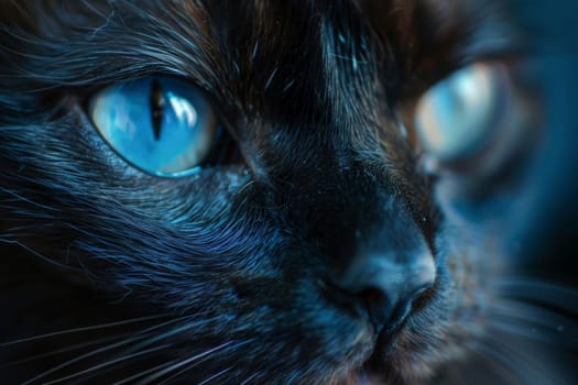 A stunning black cat with mesmerizing blue eyes captivates viewers with its mystical allure.