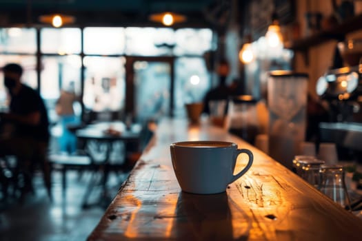 A steaming coffee cup rests on a weathered wooden table, casting a warm glow over the rustic surface.