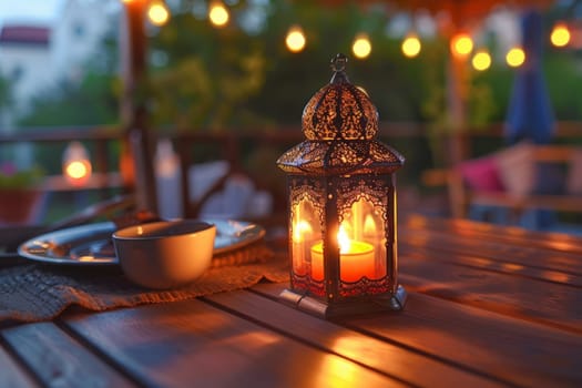 A lantern emits a warm glow beside a cup and saucer on a table, evoking Ramadans reflective ambiance.