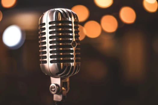 An antique microphone stands against a backdrop of colorful lights, creating a mesmerizing and nostalgic ambiance.