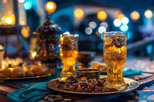 A festive Ramadan table set with sparkling drinks, dates, and sweets, inviting tranquility during the holy evening.