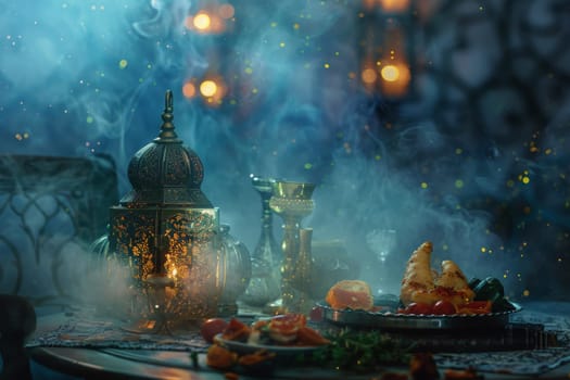A Ramadan spread with lanterns, samosas, and dates under a starlit night sky.