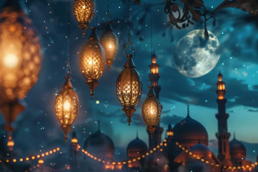 Lanterns glow warmly against a twilight sky, with a crescent moon hanging over silhouetted minarets during Ramadan.