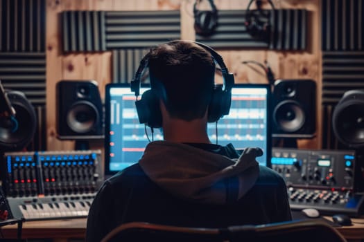 A man sits in a recording studio, wearing headphones as he listens intently to the music playing.