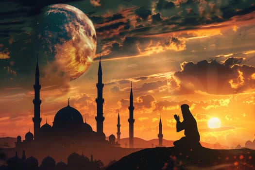 A worshippers silhouette against a stunning Ramadan sunset with a grand mosque and large moon backdrop.