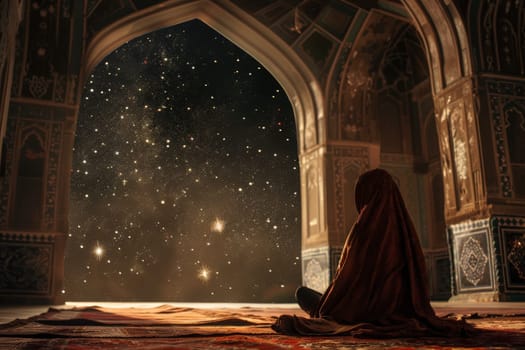 A contemplative individual meditates on a prayer rug in the serene ambiance of a grand mosque, beneath a celestial expanse.