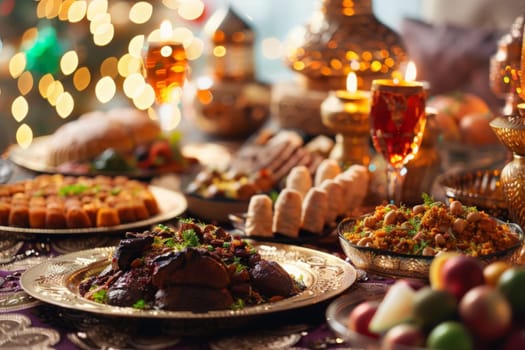 A table laden with an array of delectable dishes and sparkling drinks, set against a backdrop of glowing lanterns.