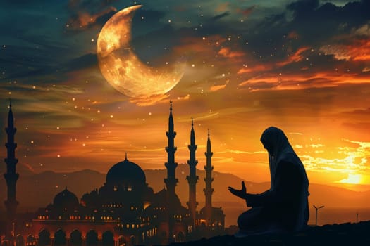 A solitary figure prays near minarets as the crescent moon heralds Ramadan at dusk.