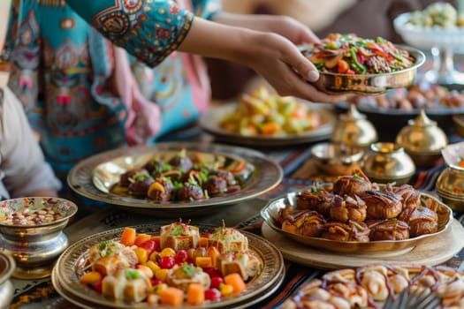 Hand Serving Delicious Dates Amid a Festive Ramadan Feast