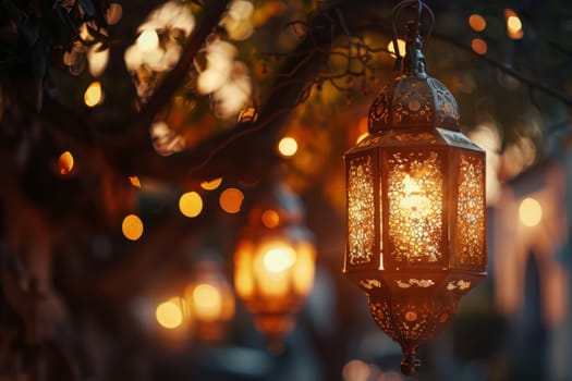 A lantern radiates warmth as dusk envelops the ambience during Ramadan.