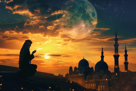 A person prays against a backdrop of minarets and a breathtaking sky at sunset.