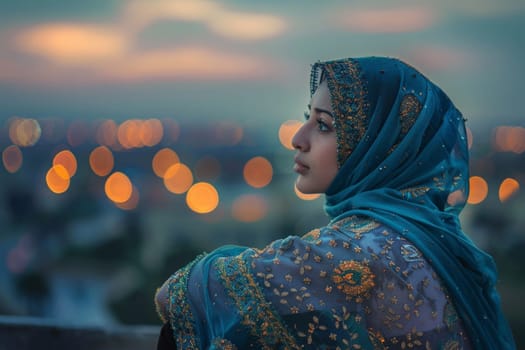 A contemplative woman in a beautiful hijab overlooks the city at dusk during Ramadan.