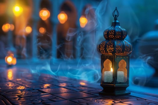 A lantern casts a warm glow on a serene Ramadan evening, its light dancing with the dusks blue hues.