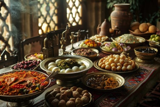A serene evening spread of a Ramadan feast with an array of sumptuous dishes and cultural decorations.