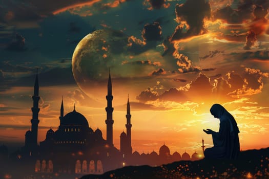 A person praying beside a mosque, with a twilight sky and an impressive moon above.