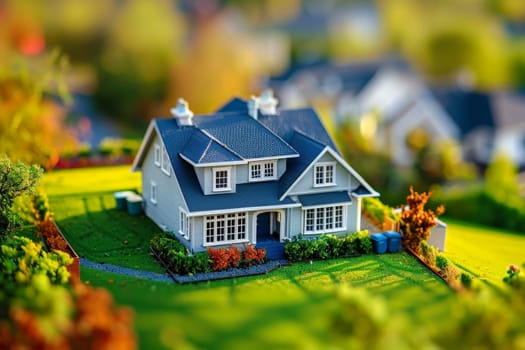 A miniature house stands in the center of a vast field, surrounded by lush greenery under a clear blue sky.