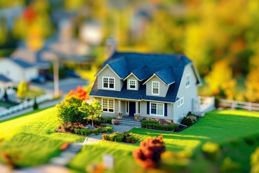Intricately crafted model house showcasing a charming design with a stunning blue roof, capturing the essence of imagination and creativity.