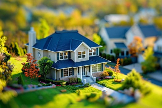 A whimsical miniature house with a striking blue roof standing out against a green backdrop.