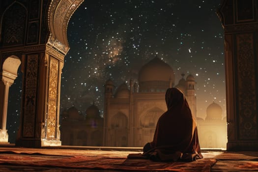 A lone figure meditates during Ramadan, enveloped by the tranquility of a star-filled night within an ornate mosque.