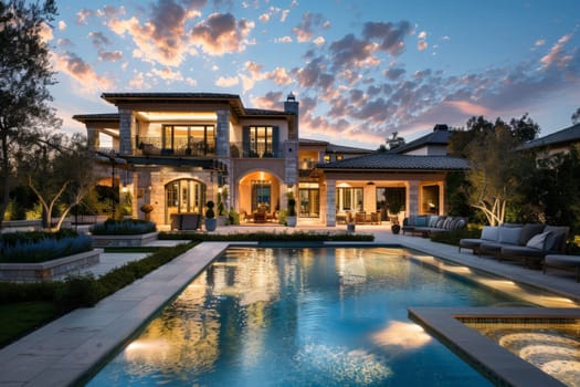 A grand house stands tall with a luxurious pool in front, creating an inviting oasis for relaxation and entertainment.