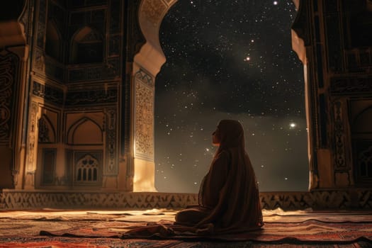 A person in contemplative prayer on a rug inside a mosque, with the night stars visible through the open architecture.
