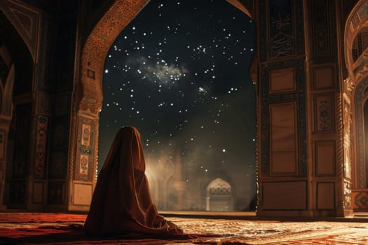 A solitary figure in contemplation amidst the sprawling grandeur of a mosque, beneath a canopy of stars.
