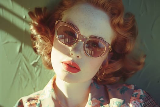 A stylish woman with fiery red hair and sunglasses, donning a colorful floral shirt, exudes cool confidence.