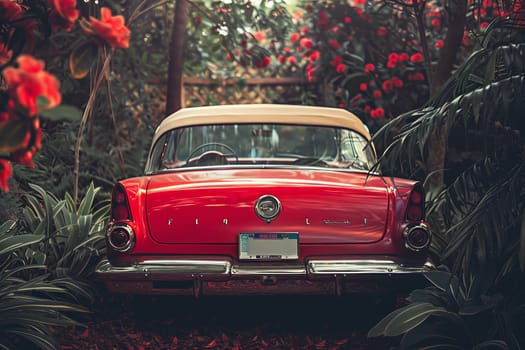 An old red car sits still among the lush greenery of a forest, evoking a sense of nostalgia and mystery.