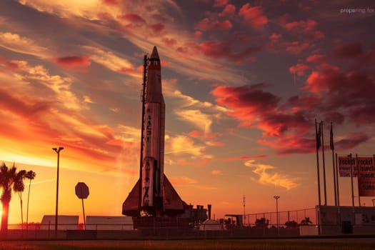 A large rocket is poised and ready on a lush green field, awaiting its journey into the sky in the beautiful glow of sunset.