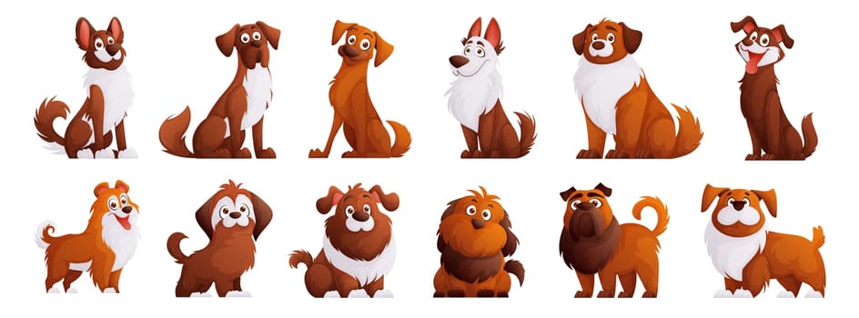 Cute brown dogs vector set. Cartoon characters of dogs or puppies create a collection with different breeds.