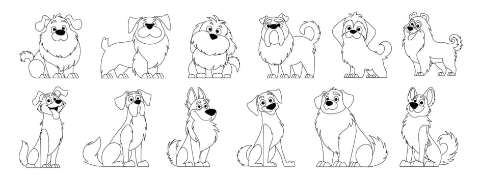 Dogs Vector Set in Lineart Style. Cartoon Characters of Dogs or Puppies Creating a Collection with Different Breeds. Set of Funny Pets.