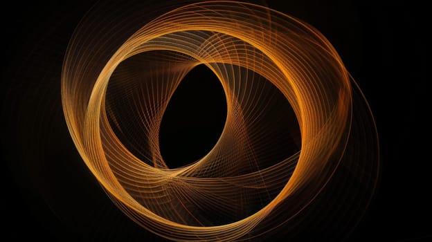 Immerse yourself in the dynamic energy of abstract circle lines, forming a vibrant orange wave against a stark black background. This vector illustration encapsulates the essence of technology, science, music, and modernity, offering a visual symphony of innovation and creativity.