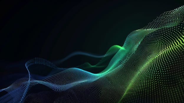 Immerse yourself in the mesmerizing dance of flowing dot particles, forming a 3D curve pattern against a backdrop of blue and green gradient light. Isolated on a black background, this captivating vector illustration embodies the fusion of AI technology, science, and music, offering a glimpse into the harmony of innovation and creativity.