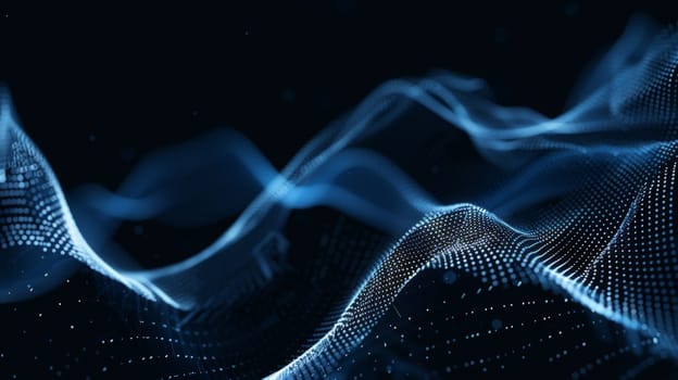 Behold the enchanting spectacle of flowing dot particles, crafting a mesmerizing 3D curve pattern in hues of blue and white against a stark black backdrop. This vector illustration embodies the essence of AI technology, science, and music, offering a visual symphony of innovation and creativity.