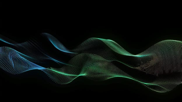 Dive into the mesmerizing flow of dot particles, shaping a 3D sinus curve pattern in vibrant blue and green hues against a striking black background. This vector illustration embodies the essence of AI technology, science, and music, offering a harmonious fusion of innovation and creativity.
