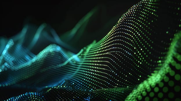 Dive into the mesmerizing flow of dot particles, shaping a 3D sinus curve pattern in vibrant blue and green hues against a striking black background. This vector illustration embodies the essence of AI technology, science, and music, offering a harmonious fusion of innovation and creativity.