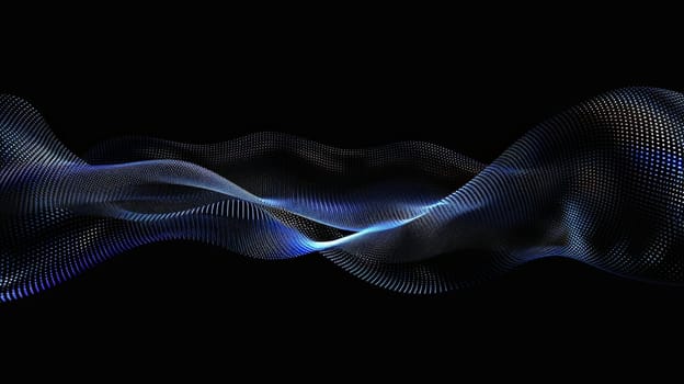 Behold the enchanting spectacle of flowing dot particles, crafting a mesmerizing 3D curve pattern in hues of blue and white against a stark black backdrop. This vector illustration embodies the essence of AI technology, science, and music, offering a visual symphony of innovation and creativity.