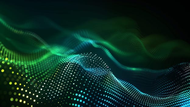 Immerse yourself in the mesmerizing dance of flowing dot particles, forming a 3D curve pattern against a backdrop of blue and green gradient light. Isolated on a black background, this captivating vector illustration embodies the fusion of AI technology, science, and music, offering a glimpse into the harmony of innovation and creativity.