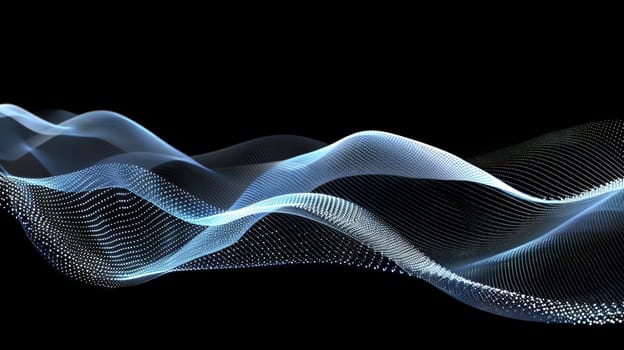 Behold the enchanting spectacle of flowing dot particles, crafting a mesmerizing 3D curve pattern in hues of blue and white against a stark black backdrop. This vector illustration embodies the essence of AI technology, science, and music, offering a visual symphony of innovation and creativity.