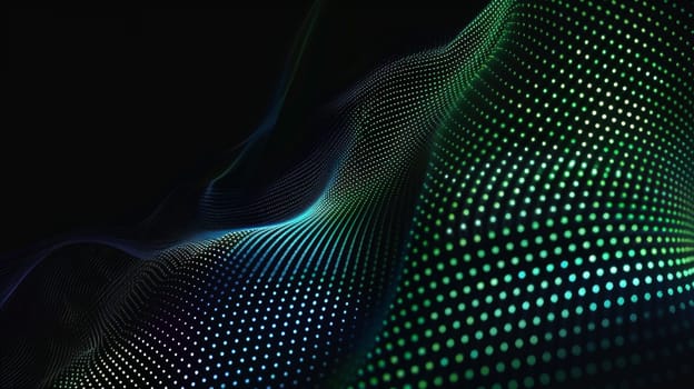 Dive into the mesmerizing flow of dot particles, shaping a 3D sinus curve pattern in vibrant blue and green hues against a striking black background. This vector illustration embodies the essence of AI technology, science, and music, offering a harmonious fusion of innovation and creativity.