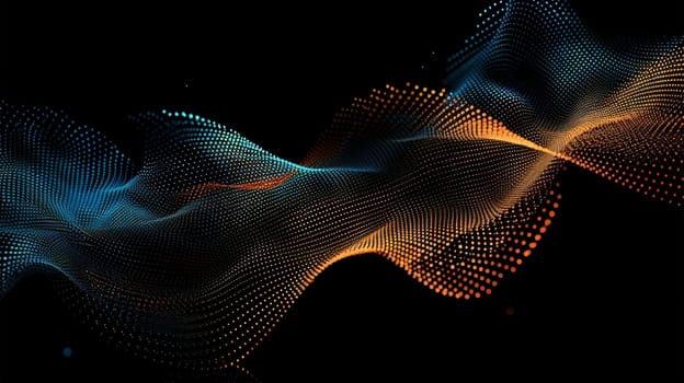 Delve into the rhythmic motion of flowing regular dot particles, crafting a mesmerizing 3D curve pattern against a backdrop of blue and orange gradient light. Isolated on a black background, this captivating vector illustration embodies the fusion of AI technology, science, and music, offering a glimpse into the harmonious convergence of innovation and creativity.